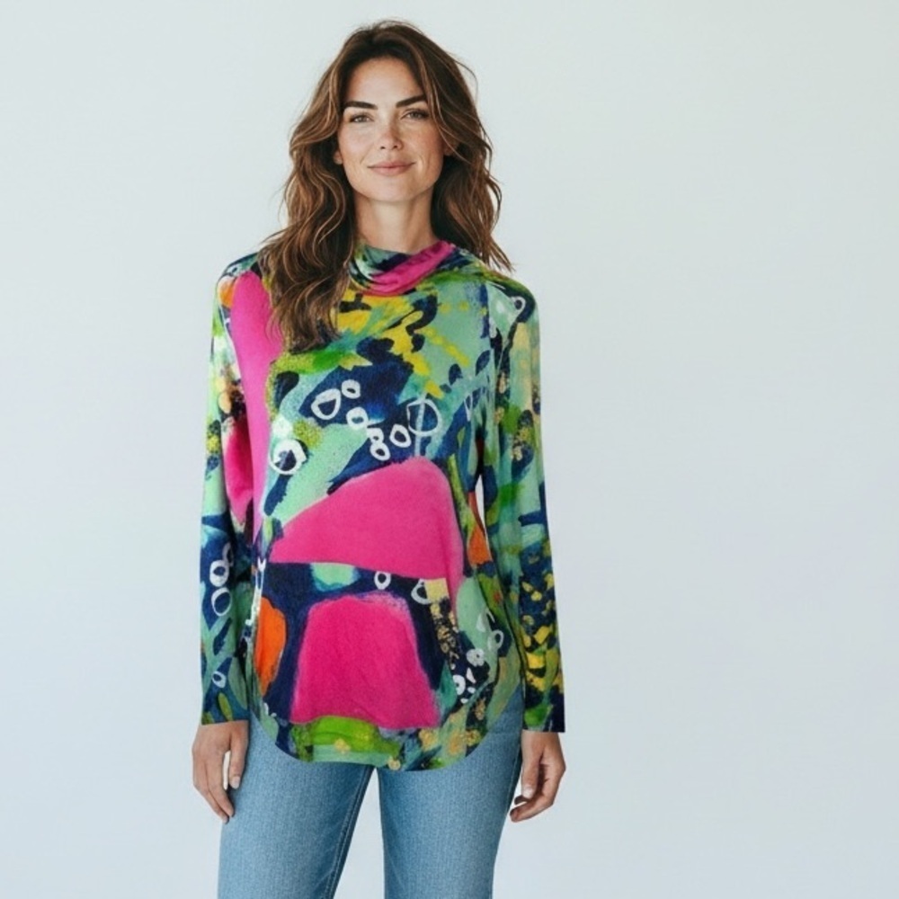 Claire Desjardins blouse turtleneck top wearable art abstract print size S